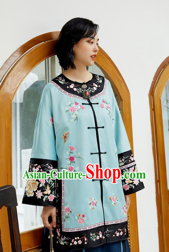Chinese Classical Embroidered Blue Silk Blouse Tang Suit Costume Traditional Qing Dynasty Women Shirt