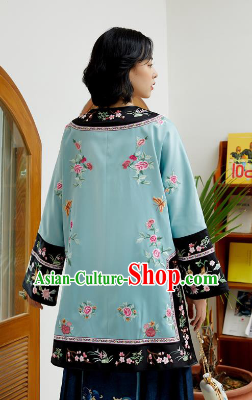 Chinese Classical Embroidered Blue Silk Blouse Tang Suit Costume Traditional Qing Dynasty Women Shirt