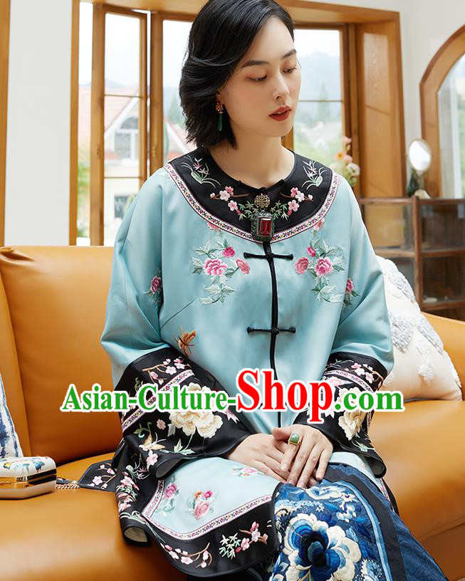 Chinese Classical Embroidered Blue Silk Blouse Tang Suit Costume Traditional Qing Dynasty Women Shirt
