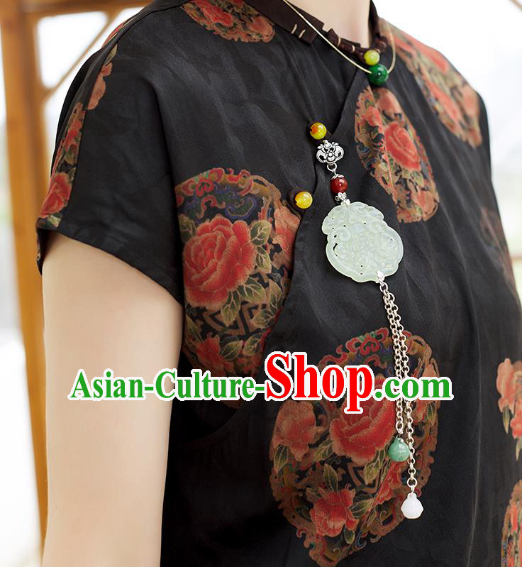 Chinese Classical Black Silk Shirt Tang Suit Costume Traditional Blouse Upper Outer Garment