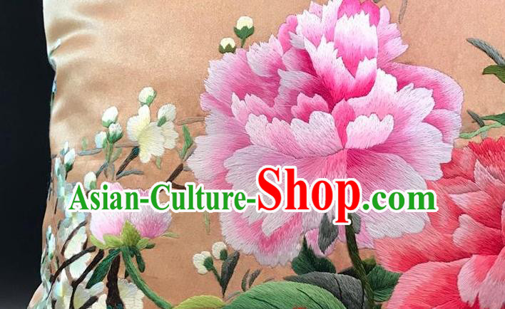 China Traditional Embroidered Peony Orange Silk Pillowslip Suzhou Embroidery Craft