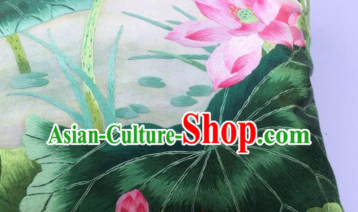 Traditional China Embroidered Silk Pillowslip Handmade Suzhou Embroidery Lotus Cushion Cover