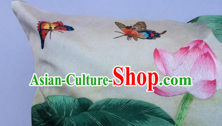 Traditional China Embroidered Silk Pillowslip Handmade Suzhou Embroidery Lotus Cushion Cover