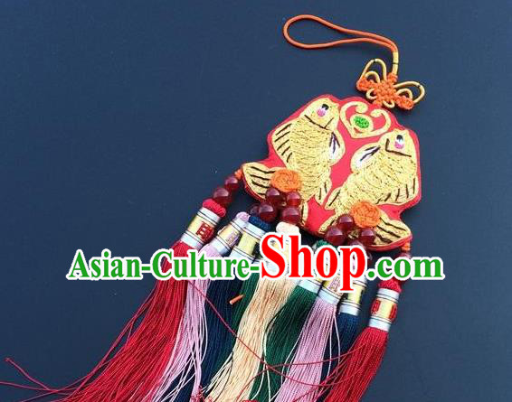 China Lucky Charms Traditional Embroidered Car Accessories Embroidery Double Fish Tassel Pendant New Year Decoration
