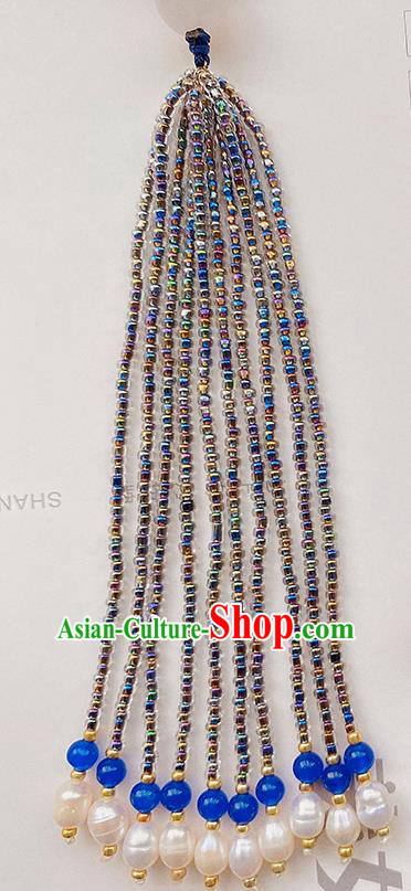 China Traditional Accessories Embroidered Peony Brooch Classical Cheongsam Blue Beads Tassel Pendant