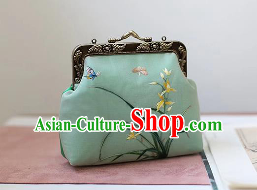 China Traditional Embroidered Green Silk Bag Suzhou Embroidery Orchids Handbag