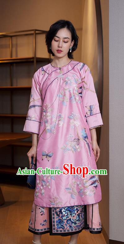 China Classical Pink Silk Qipao Dress National Women Clothing Traditional Embroidered Cheongsam