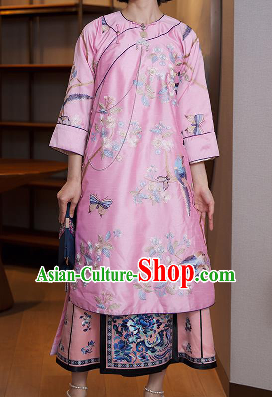 China Classical Pink Silk Qipao Dress National Women Clothing Traditional Embroidered Cheongsam