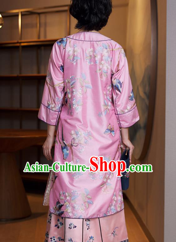 China Classical Pink Silk Qipao Dress National Women Clothing Traditional Embroidered Cheongsam