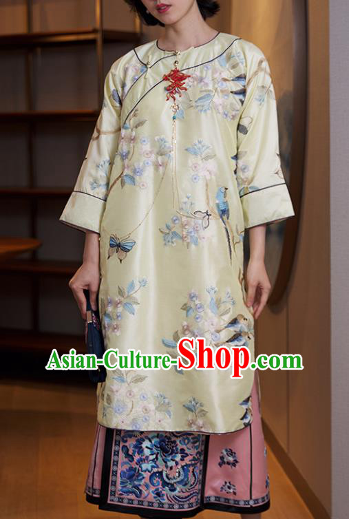 China Traditional Embroidered Light Yellow Cheongsam National Women Clothing Classical Silk Qipao Dress