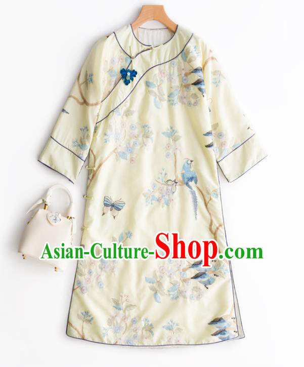China Traditional Embroidered Light Yellow Cheongsam National Women Clothing Classical Silk Qipao Dress
