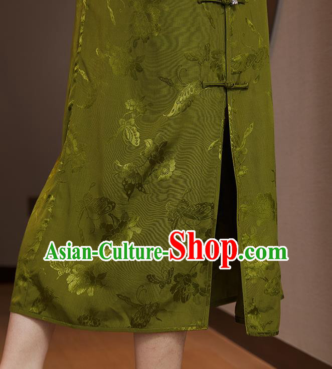 Republic of China Classical Butterfly Pattern Olive Green Qipao Dress National Women Clothing Traditional Retro Cheongsam