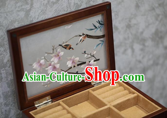 China Traditional Embroidered Jewel Case Handmade Wood Three Layers Jewelry Box