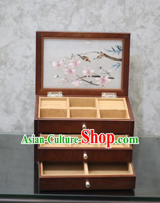 China Traditional Embroidered Jewel Case Handmade Wood Three Layers Jewelry Box