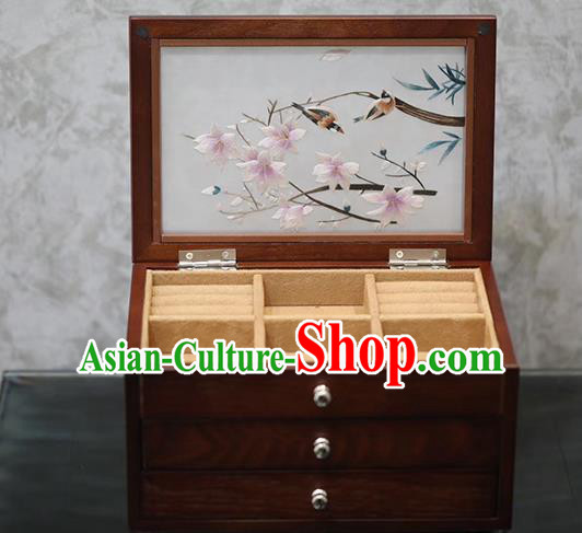 China Traditional Embroidered Jewel Case Handmade Wood Three Layers Jewelry Box