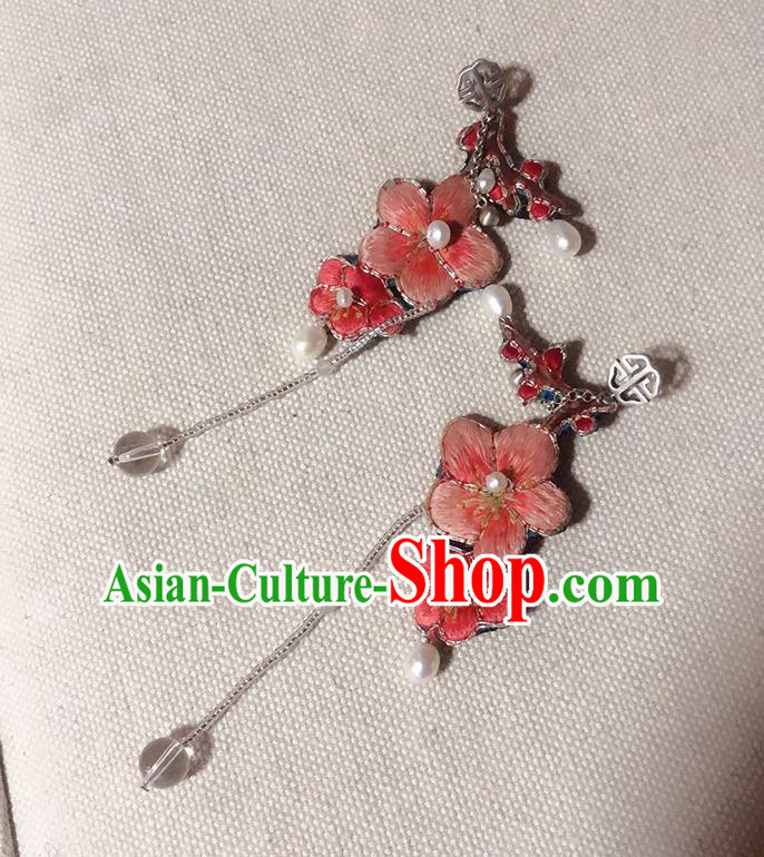 China Traditional Hanfu Embroidered Plum Blossom Earrings Tassel Ear Accessories