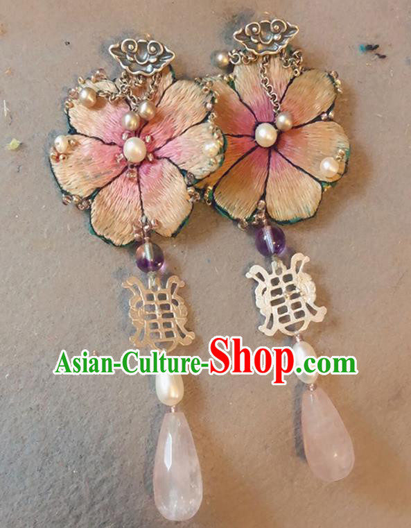 China Traditional Hanfu Embroidered Peach Blossom Earrings Rose Quartz Ear Accessories