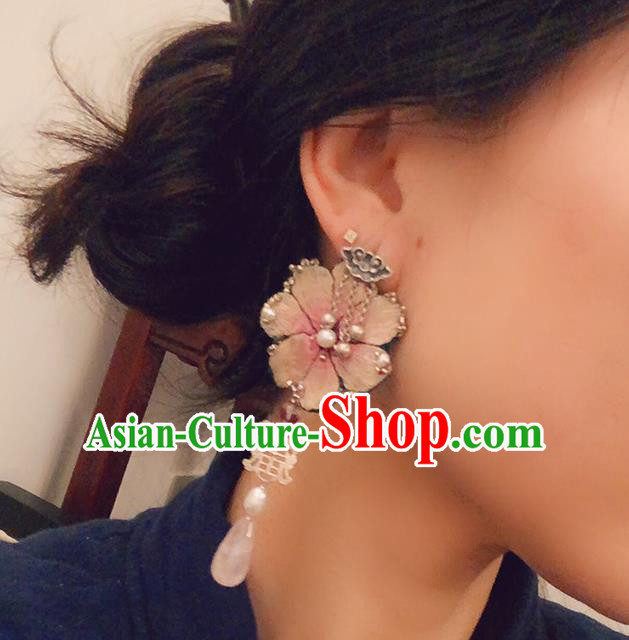 China Traditional Hanfu Embroidered Peach Blossom Earrings Rose Quartz Ear Accessories