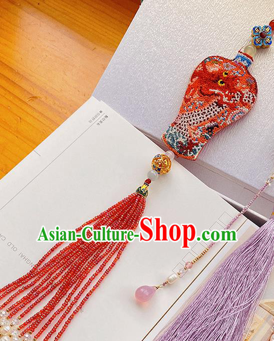 China Classical Cheongsam Red Beads Tassel Pendant Accessories Traditional Embroidered Brooch