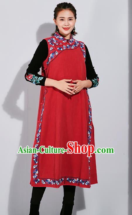 China Tang Suit Embroidered Red Cheongsam Traditional Women Classical Flax Dress National Qipao Clothing