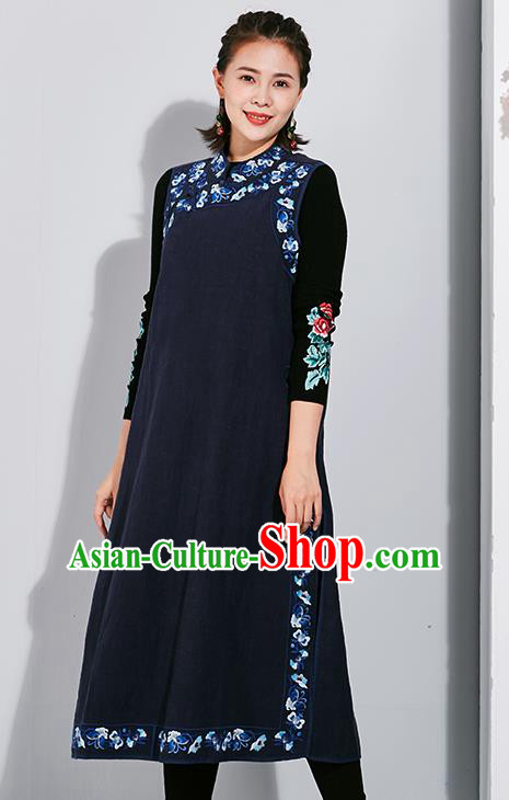 China Traditional Women Classical Flax Dress National Qipao Clothing Tang Suit Embroidered Navy Cheongsam