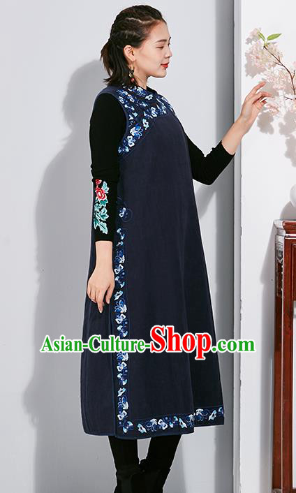 China Traditional Women Classical Flax Dress National Qipao Clothing Tang Suit Embroidered Navy Cheongsam