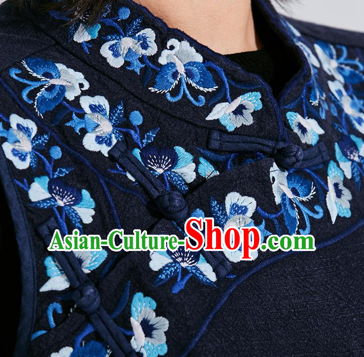 China Traditional Women Classical Flax Dress National Qipao Clothing Tang Suit Embroidered Navy Cheongsam