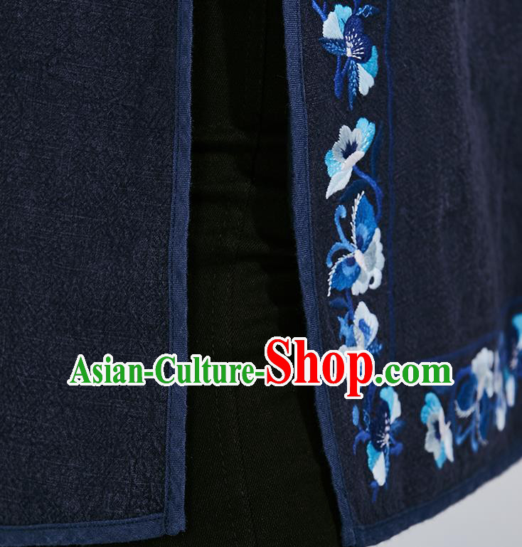 China Traditional Women Classical Flax Dress National Qipao Clothing Tang Suit Embroidered Navy Cheongsam