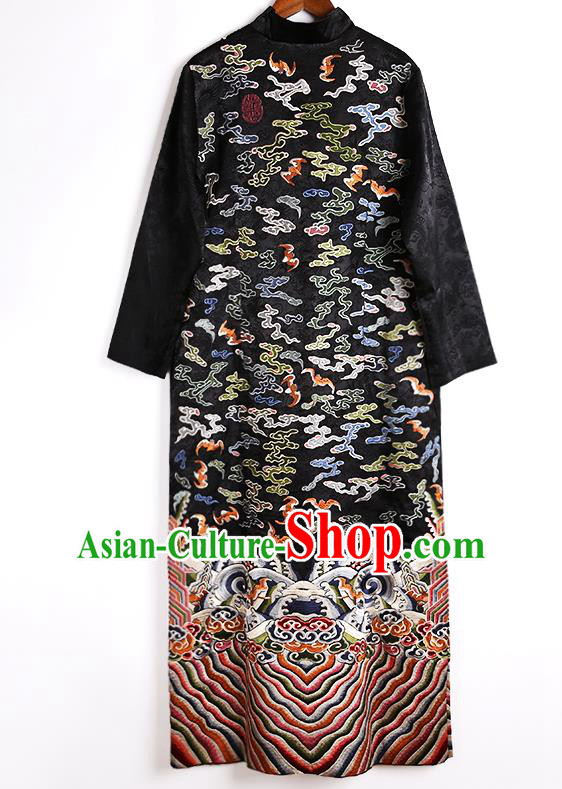 Chinese National Outer Garment Embroidered Brocade Costume Tang Suit Black Dust Coat