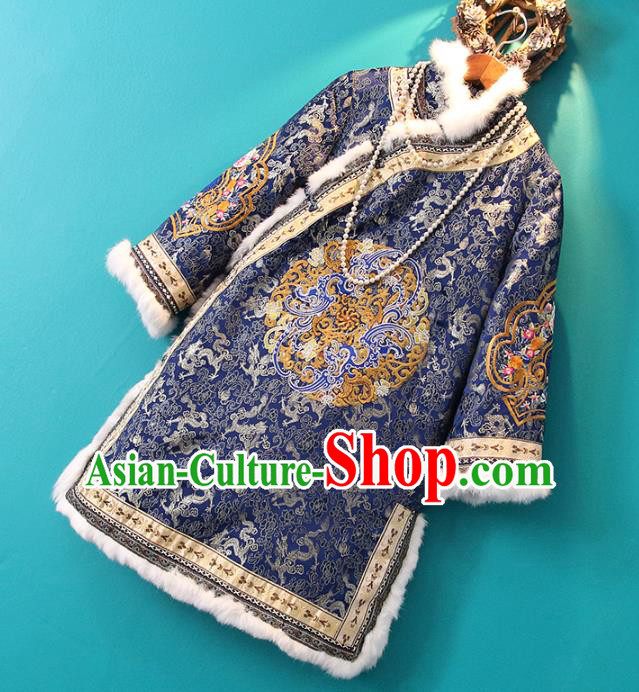 Chinese Tang Suit Royalblue Cotton Padded Jacket Embroidered Coat National Outer Garment