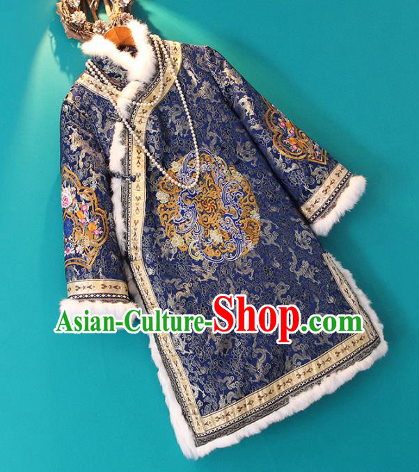 Chinese Tang Suit Royalblue Cotton Padded Jacket Embroidered Coat National Outer Garment