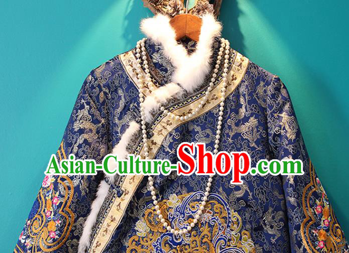 Chinese Tang Suit Royalblue Cotton Padded Jacket Embroidered Coat National Outer Garment