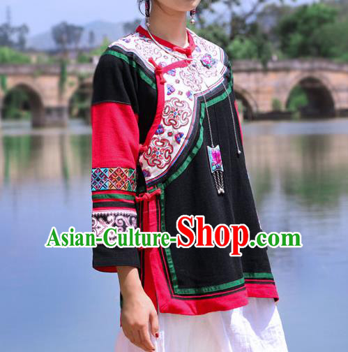 Chinese Embroidered Black Flax Jacket Tang Suit Outer Garment Yunnan National Costume