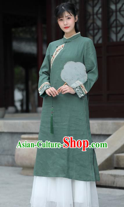 China Tea Culture Clothing Tang Suit Green Flax Cheongsam Traditional Women Classical Embroidered Dress National Qipao