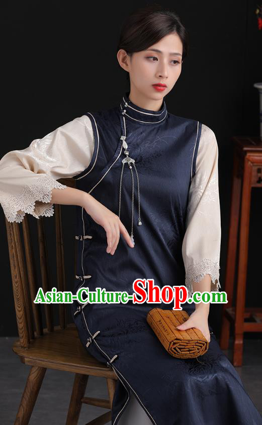 China Tang Suit National Qipao Clothing Traditional Women Classical Dress Navy Silk Cheongsam