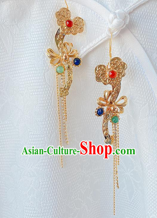 China Classical Court Ear Accessories Women Jewelry Handmade Traditional Hanfu Golden Tassel Earrings