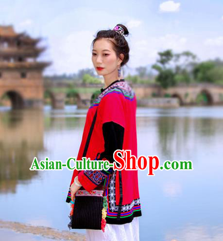 Chinese Yunnan National Costume Embroidered Red Flax Jacket Tang Suit Upper Outer Garment