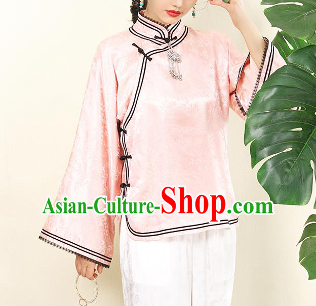 Chinese Traditional Pink Silk Cheongsam Blouse Tang Suit Upper Outer Garment Classical Wide Sleeve Shirt