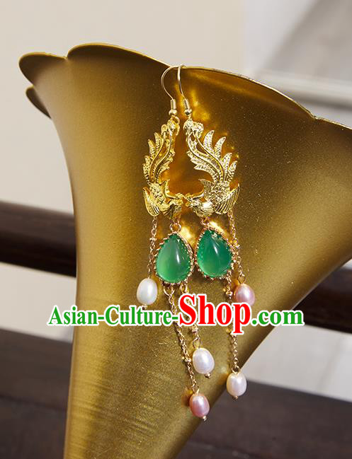 China Classical Golden Phoenix Ear Accessories Women Jewelry Handmade Traditional Hanfu Earrings