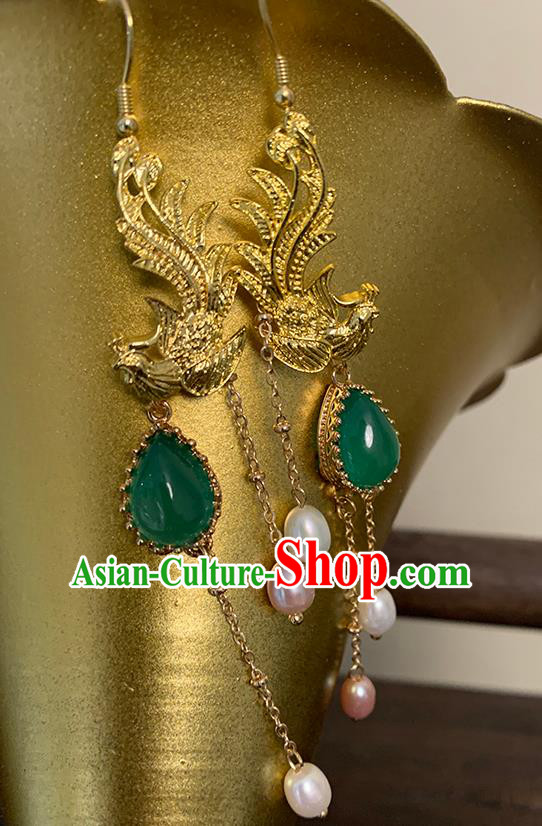 China Classical Golden Phoenix Ear Accessories Women Jewelry Handmade Traditional Hanfu Earrings
