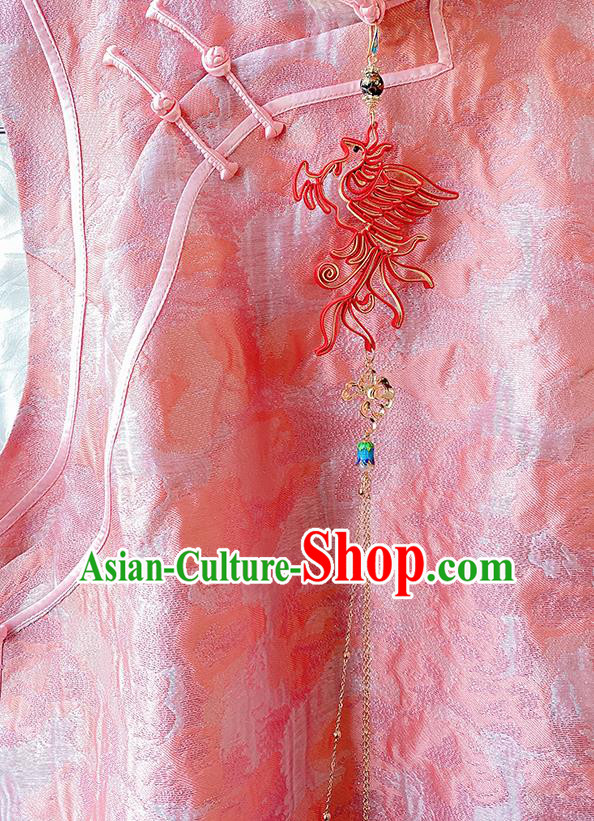 China Traditional Red Silk Phoenix Brooch Classical Tassel Pendant Cheongsam Accessories