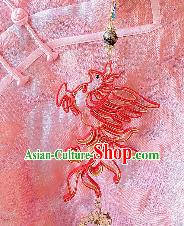 China Traditional Red Silk Phoenix Brooch Classical Tassel Pendant Cheongsam Accessories