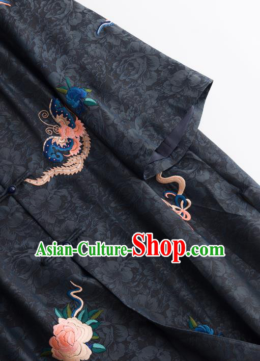 Chinese Traditional Embroidered Costume Classical Black Silk Coat Tang Suit Outer Garment