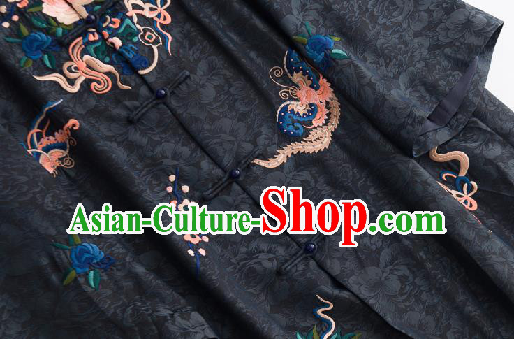 Chinese Traditional Embroidered Costume Classical Black Silk Coat Tang Suit Outer Garment