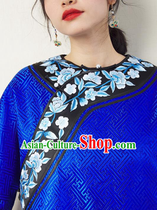Chinese Traditional Qing Dynasty Royalblue Brocade Coat Embroidered Costume Classical Tang Suit Outer Garment