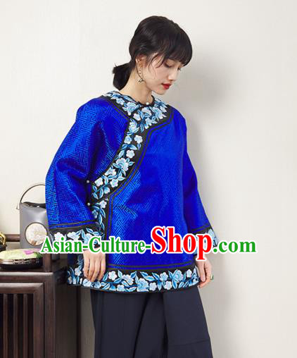 Chinese Traditional Qing Dynasty Royalblue Brocade Coat Embroidered Costume Classical Tang Suit Outer Garment