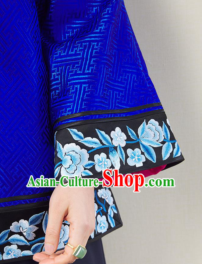 Chinese Traditional Qing Dynasty Royalblue Brocade Coat Embroidered Costume Classical Tang Suit Outer Garment