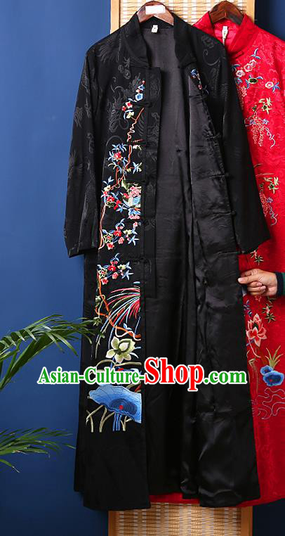 Chinese Traditional National Costume Tang Suit Outer Garment Embroidered Lotus Black Brocade Dust Coat