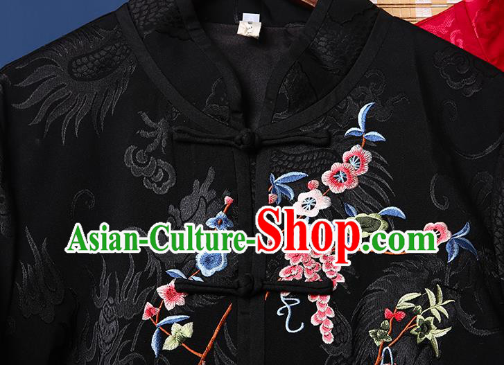Chinese Traditional National Costume Tang Suit Outer Garment Embroidered Lotus Black Brocade Dust Coat
