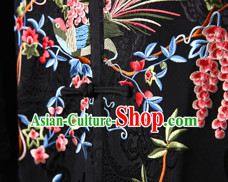 Chinese Traditional National Costume Tang Suit Outer Garment Embroidered Lotus Black Brocade Dust Coat